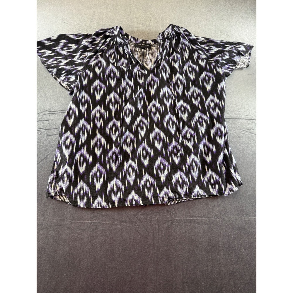 Lane Bryant Purple Black Ikat Print Split V-Neck Tie Blouse Top 14/16